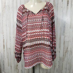 5/$25 COMO Womens Top L Red Black White Popover Sheer Long Sleeve Geometric